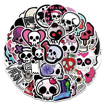 52Pcs Skull Theme PVC Self Adhesive Cartoon Stickers, Waterproof Decals for Laptop, Bottle, Luggage Decor, Mixed Color, 44~70x34~60x0.2mm