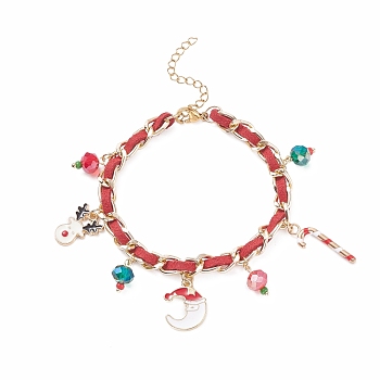 Christmas Candy Cane & Reindeer & Moon Alloy Charm Bracelet with Glass Beads, Bracelet with Aluminium Curb Chains for Women, Golden, Red, 7-1/2 inch(19cm)