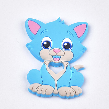 Food Grade Eco-Friendly Silicone Kitten Cabochons, Chewing Beads For Teethers, DIY Nursing Necklaces Making, Cartoon Cat, Deep Sky Blue, 90~91x64x9.5mm