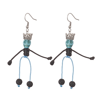 Synthetic Turquoise & Natural Lava Rock Braided Skeleton Dangle Earrings, 316 Surgical Stainless Steel Long Drop Earrings for Halloween, Turquoise, 79mm, Pin: 0.8mm
