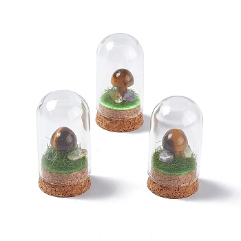 Natural Tiger Eye Mushroom Display Decoration with Glass Dome Cloche Cover, Cork Base Bell Jar Ornaments for Home Decoration, 30x57.5mm