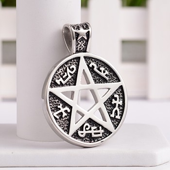 304 Stainless Steel Pentacle Pendants, Flat Round with Star, Antique Silver, 50.5x38x4mm, Hole: 5.5x8mm
