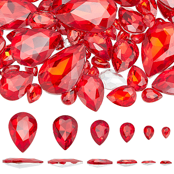 94Pcs Glass Rhinestone Cabochons, Pointed Back & Back Plated, Faceted, Teardrop, Light Siam, 8~29.5x6~20x3~8mm