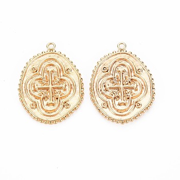 Brass Pendants, Nickel Free, Oval with Cross, Real 18K Gold Plated, 26x19x1.5mm, Hole: 1.4mm