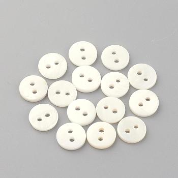 2-Hole Freshwater Shell Buttons, Flat Round, Seashell Color, 10x1.5~2mm, Hole: 1.5mm