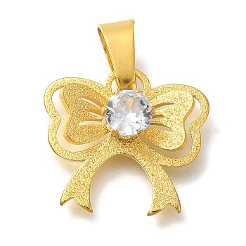 304 Stainless Steel Pendants, with Crystal Rhinestone, Bowknot Charm, Real 18K Gold Plated, 16x18x3.5mm, Hole: 7.5x3.5mm