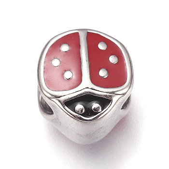 304 Stainless Steel European Beads, with Enamel, Large Hole Beads, Ladybug, Red, Stainless Steel Color, 11x10x8.5mm, Hole: 5mm