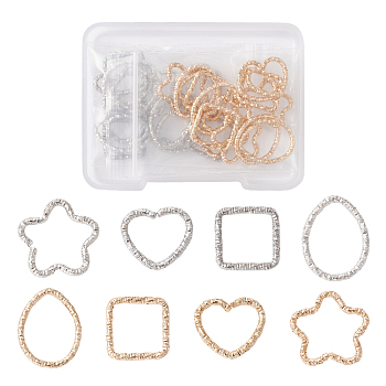 32Pcs 8 Styles Iron Linking Rings, Textured Open Rings, Mixed Shapes, Platinum & Light Gold, 12~18x12~16.5x1.5~2mm, Inner Diameter: 9~12x10~15mm, 4pcs/style