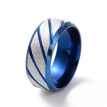 201 Stainless Steel Grooved Rhombus Finger Ring for Women, Blue & Stainless Steel Color, Inner Diameter: 17mm