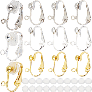 36Pcs 3 Colors Brass Clip-on Earring Findings, with Loops & 36Pcs Comfort Plastic Clip on Earrings Pads, Mixed Color, 17x14x7mm, Hole: 1mm, 12Pcs/color