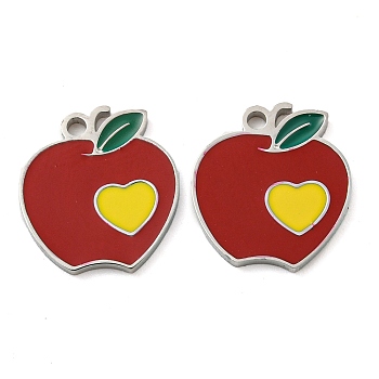 316 Surgical Stainless Steel Charms, with Enamel, Apple with Heart Charm, Stainless Steel Color, 14.5x13x1.2mm, Hole: 1.3mm