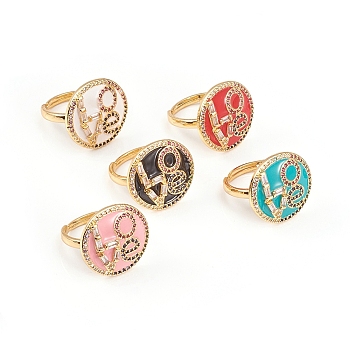 Valentine's Day Theme Adjustable Brass Cubic Zirconia Rings, with Enamel, Flat Round with LOVE, Mixed Color, Size 7, 17mm