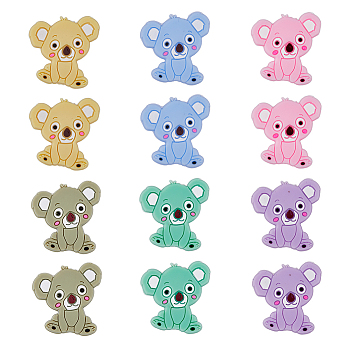 12Pcs 6 Colors Food Grade Eco-Friendly Silicone Beads, Chewing Beads For Teethers, DIY Nursing Necklaces Making, Animal Theme, Koala, Mixed Color, 28x26x7mm, Hole: 2.4mm, 2pcs/color