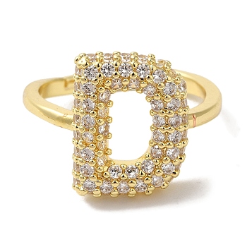 Rack Plating Letter Brass Micro Pave Clear Cubic Zirconia Adjustable Rings for Women, Real 18K Gold Plated, Letter D, 14.5x11.5mm, Inner Diameter: 17mm