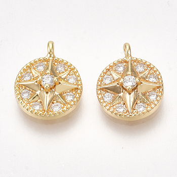 Brass Micro Pave Cubic Zirconia Charms, Flat Round with Star, Clear, Nickel Free, Real 18K Gold Plated, 11x9x3mm, Hole: 1mm