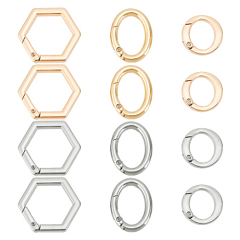 WADORN 12Pcs 6 Styles Alloy Spring Gate Rings, Round Rings & Hexagon & Oval Rings, Mixed Color, 26~35x26~39x5~6mm, 2pcs/style