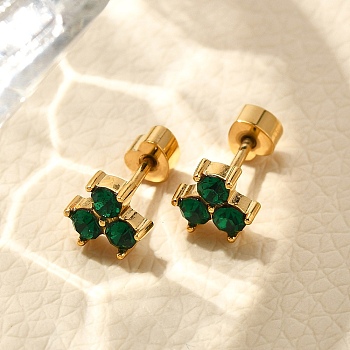 Ion Plating(IP) 304 Stainless Steel Stud Earrings, with Rhinestone, Real 14K Gold Plated, Clover, Fern Green, 6x6.5mm