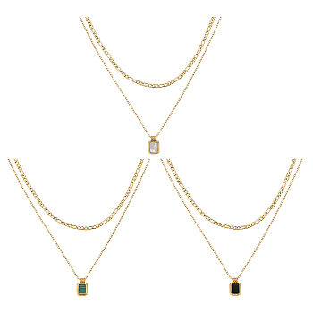 3Pcs 3 Colors Golden Titanium Steel Cable & Figaro Chains Double Layer Necklace, Natural Shell Rectangle Charms Necklace for Women, Mixed Color, 15.94 inch(40.5cm), 1pc/color