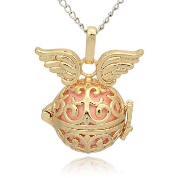 Golden Tone Brass Hollow Round Cage Pendants, with No Hole Spray Painted Brass Round Ball Beads, Round with Wing, Pink, 31x30x21mm, Hole: 3x8mm