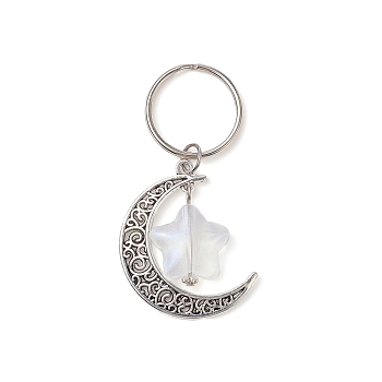 Moon and Star Tibetan Style Alloy & Acrylic Pendant Keychain, with Iron Split Key Rings, Antique Silver, 6.75cm