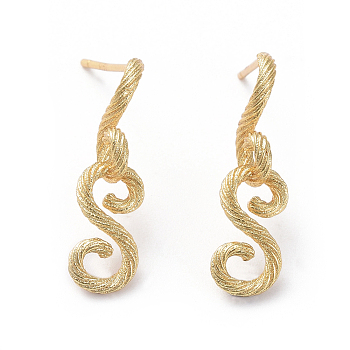 Brass Ear Studs, Long-Lasting Plated, Letter  "stacked" bracelets inch, Real 18K Gold Plated, 21.5x5.5x5.5mm, Pin: 0.9mm