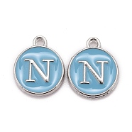 Platinum Plated Alloy Enamel Charms, Cadmium Free & Lead Free, Enamelled Sequins, Flat Round with Letter, Letter.N, 14x12x2mm, Hole: 1.5mm(X-ENAM-S118-04N-P)