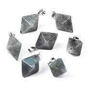 Natural Labradorite Pendants, with Platinum Plated Iron Findings, Bicone, 28~29.5x20x20mm, Hole: 4~5x6.5~7mm(G-N326-107F)
