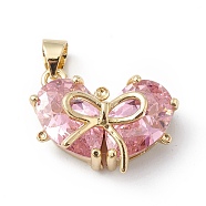 Rack Plating Brass Micro Pave Cubic Zirconia Pendants, Long-Lasting Plated, Cadmium Free & Lead Free, Real 18K Gold Plated, Heart with Bowknot Charm, Pink, 19x18x8mm, Hole: 5x3mm(KK-E003-18G-03)