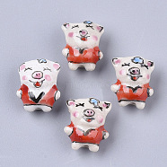 Handmade Porcelain Beads, Famille Rose Style, Cartoon Piggy with Clothes, Orange Red, 17~19x14~15.5x11.5mm, Hole: 1.4~2mm(X-PORC-N004-68A)