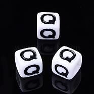 Letter Acrylic Beads, Cube, White, Letter Q, Size: about 7mm wide, 7mm long, 7mm high, hole: 3.5mm, about 2000pcs/500g(PL37C9129-Q)