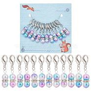 12Pcs Round Rainbow ABS Plastic Imitation Pearl Pendant Stitch Markers, Crochet Lobster Claw Clasp Charms, Platinum, 4cm(HJEW-NB00013)