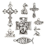 80Pcs 8 Style Tibetan Style Alloy Pendants, Rabbit & Ichthus & Heart & Word & Crucifix Cross & Cross with Jesus, for Easter, Antique Silver, 11~43.5x9.5~26x2~7mm, Hole: 1.5~3mm, 10pcs/style(FIND-LS0001-41AS)
