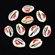 Printed Natural Cowrie Shell Beads, No Hole, Butterfly Pattern & Word Dream, Red, 18~23x13~16x7~8mm(SSHEL-N032-31)