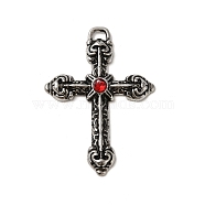 Alloy with Ruby Rhinestone Big Pendants, Cross Charms, Antique Silver, 50x35.5x4mm, Hole: 2.5x4.5mm(FIND-G067-15D-AS)