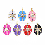Brass Micro Pave Colorful Cubic Zirconia Pendants, with Jump Rings and Enamel, Nickel Free, Oval, Real 16K Gold Plated, Mixed Color, 21.5x14x4mm, Jump Ring: 5x1mm, 3mm inner diameter(ZIRC-S067-238-NF)
