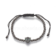 Brass Braided Bead Bracelets, with Micro Pave Cubic Zirconia and Polyester Cord, Leopard Head, Black, Gunmetal, 1-3/4 inch(4.5cm)~3-1/2 inch(9cm)(ZIRC-T006-21B-02)