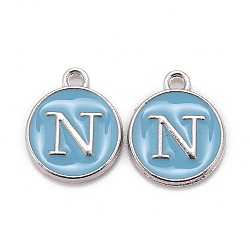 Platinum Plated Alloy Enamel Charms, Cadmium Free & Lead Free, Enamelled Sequins, Flat Round with Letter, Letter.N, 14x12x2mm, Hole: 1.5mm(X-ENAM-S118-04N-P)