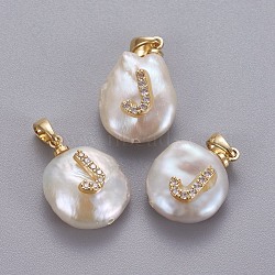 Natural Cultured Freshwater Pearl Pendants, with Brass Micro Pave Cubic Zirconia Findings, Nuggets with Letter, Long-Lasting Plated, Golden, Clear, Letter.J, 17~27x12~16x6~12mm, Hole: 4x2.5mm(KK-L187-A-01J)