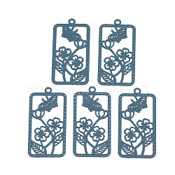 430 Stainless Steel Filigree Pendants, Spray Painted, Etched Metal Embellishments, Rectangle with Flower, Cadet Blue, 27x13x0.4mm, Hole: 1.2mm(STAS-S108-20A)