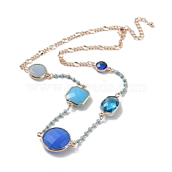 Blue Glass Flat Round Pendant Necklace with Brass Chains, Light Gold, 15.75 inch(400mm)(NJEW-A015-17KCG)