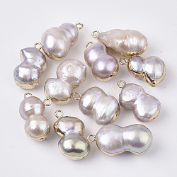 Natural Cultured Freshwater Pearl Pendants, with Half Hole and Brass Loop, Edge Plated, Calabash, Golden, Thistle, 19.5~26x9~14.5x8~12mm, Hole: 1.8mm, Half Hole: 0.9mm(BSHE-N008-01A)