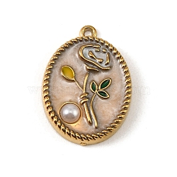 304 Stainless Steel Pendants, with Enamel and Plastic Bead, Oval with Flower Charms, Ion Plating(IP), Real 18K Gold Plated, Wheat, 25x18x4mm, Hole: 1.3mm(AL-CBA5FD1-01A-G)