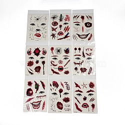9Pcs 9 Style Halloween Clown Horror Removable Temporary Tattoos Paper Face Stickers, Rectangle with Eye/Mouth/Wound Pattern, FireBrick, 20.5x14.5x0.03cm, 9 style, 1pc/style, 9pcs/set(AJEW-G048-05)