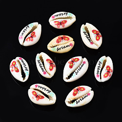 Printed Natural Cowrie Shell Beads, No Hole, Butterfly Pattern & Word Dream, Red, 18~23x13~16x7~8mm(SSHEL-N032-31)