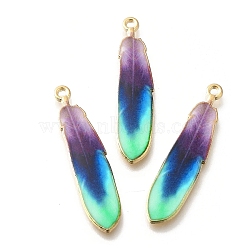 Alloy Enamel Pendants, Golden, Feather Charm, Medium Orchid, 38x8.5x1.5mm, Hole: 1.6mm(FIND-G078-34G-03)