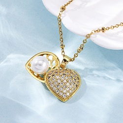 304 Stainless Steel Clear Cubic Zirconia Pendant Necklaces for Women, with Imitation Pearls Beads, Real 18K Gold Plated, Heart, 15.94 inch(40.5cm)(NJEW-F334-01G-02)