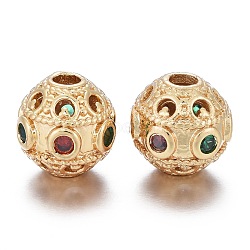 Brass Micro Pave Cubic Zirconia Beads, Bumpy, Hollow, Long-Lasting Plated, Round, Red & Green, Real 18K Gold Plated, 10.5x10mm, Hole: 2.4mm(KK-K244-14G)