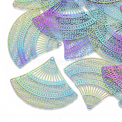 Ion Plating(IP) 201 Stainless Steel Filigree Pendants, Etched Metal Embellishments, Fan, Rainbow Color, 44x55x0.3mm, Hole: 1.4mm(X-STAS-R102-30)