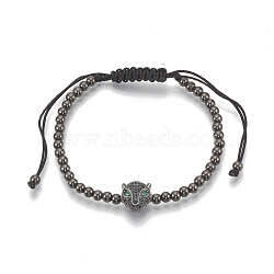 Brass Braided Bead Bracelets, with Micro Pave Cubic Zirconia and Polyester Cord, Leopard Head, Black, Gunmetal, 1-3/4 inch(4.5cm)~3-1/2 inch(9cm)(ZIRC-T006-21B-02)
