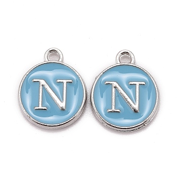 Platinum Plated Alloy Enamel Charms, Cadmium Free & Lead Free, Enamelled Sequins, Flat Round with Letter, Letter.N, 14x12x2mm, Hole: 1.5mm